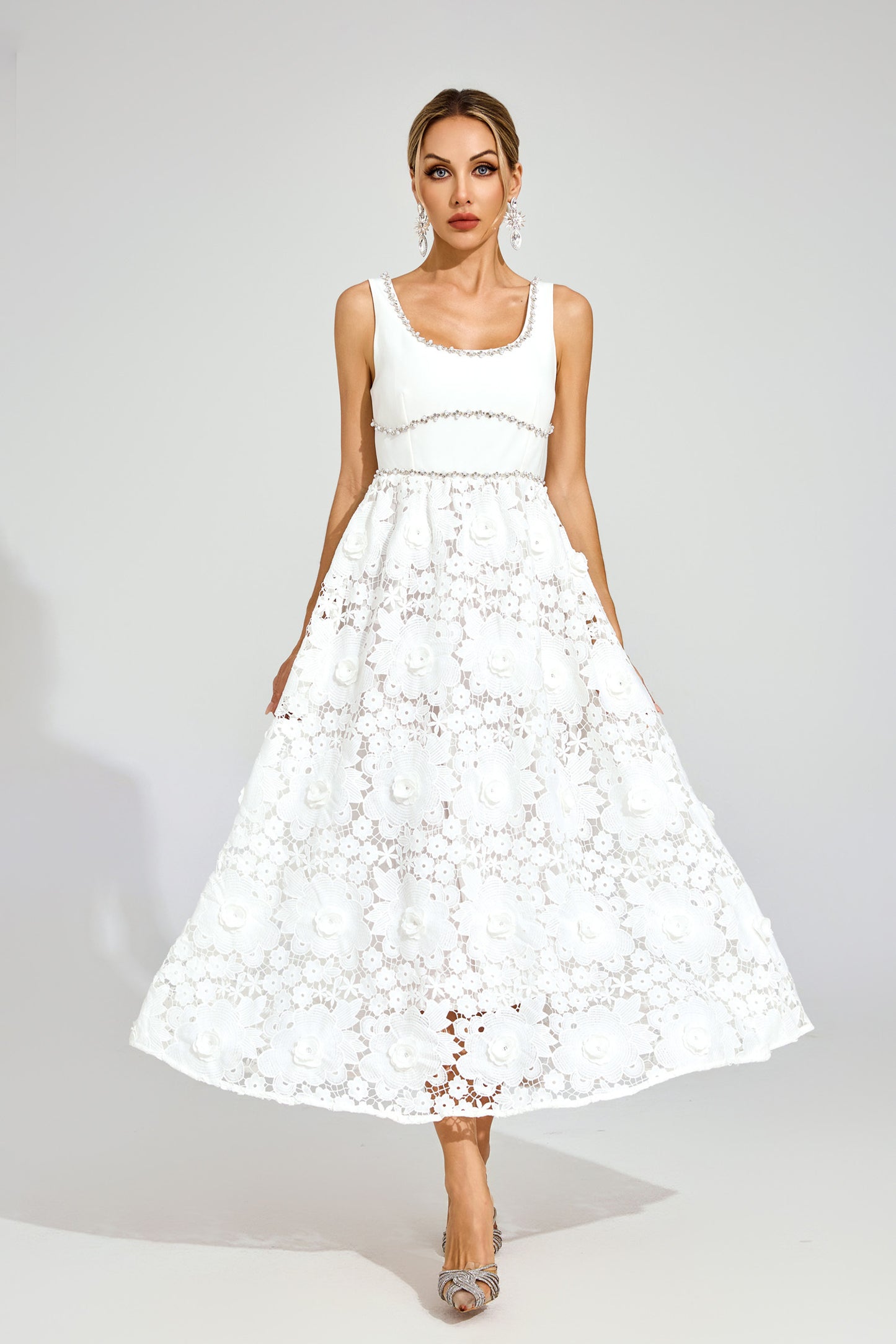 Livia Flower Embroidered Crystal Midi Dress