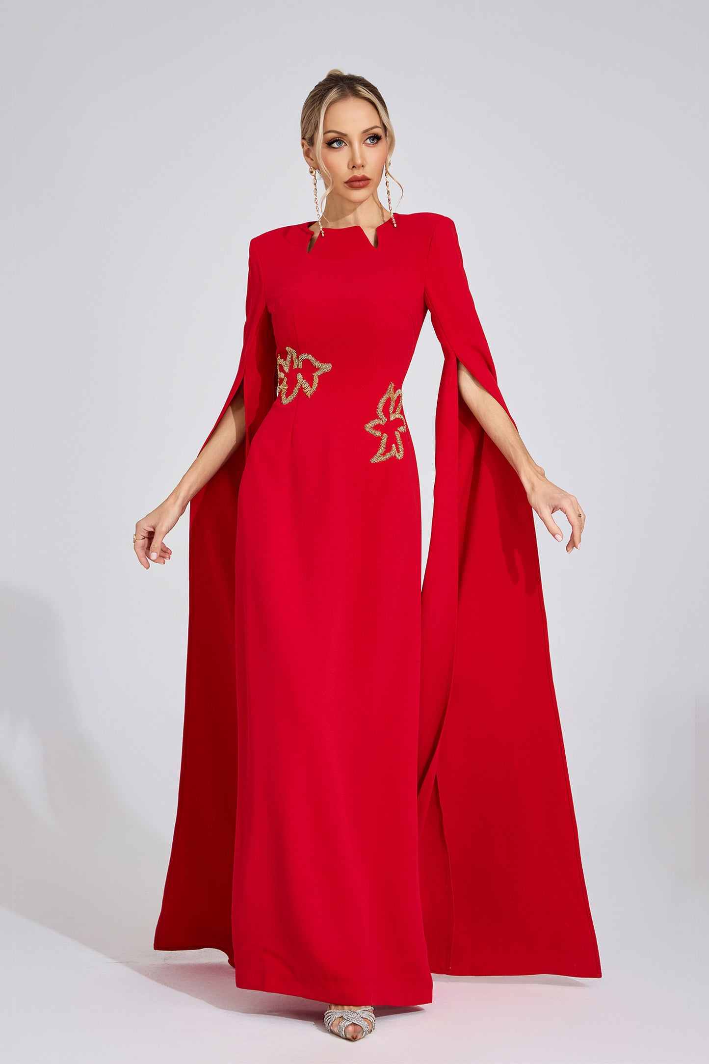 Valentina Cape-Sleeve Embellished Gown