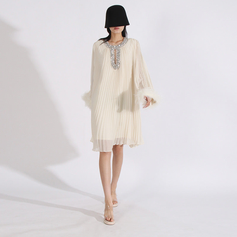 Crystal & feathers embellished mini dress