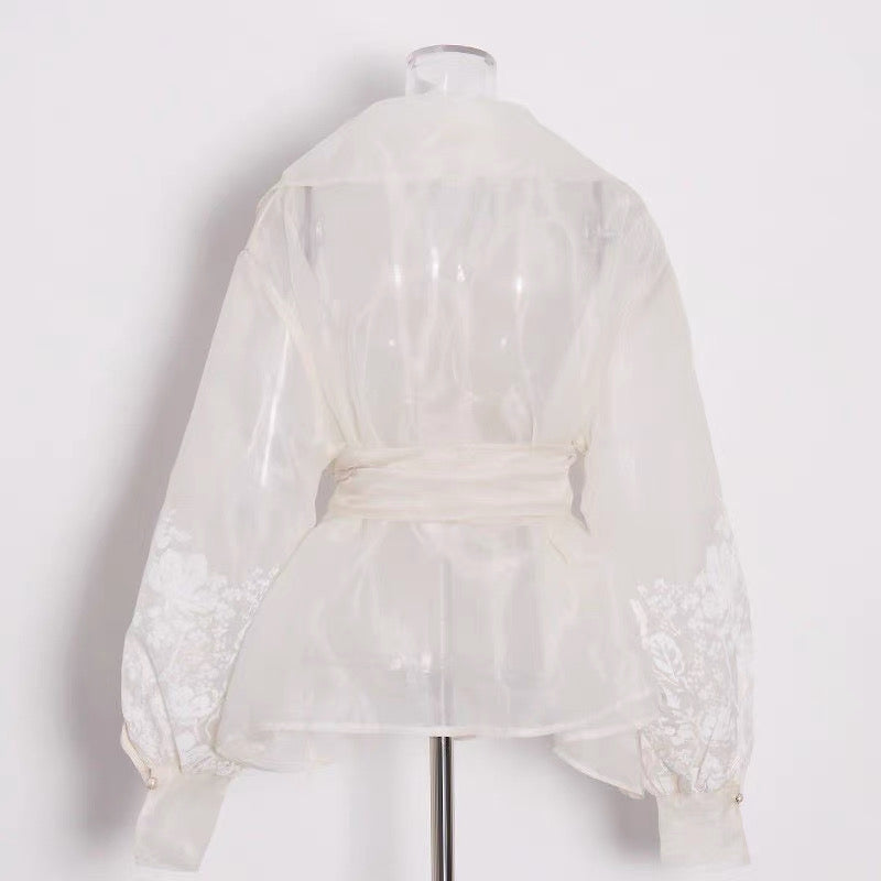 Semi Sheer Embroidered Wrap Blouse – Ivory