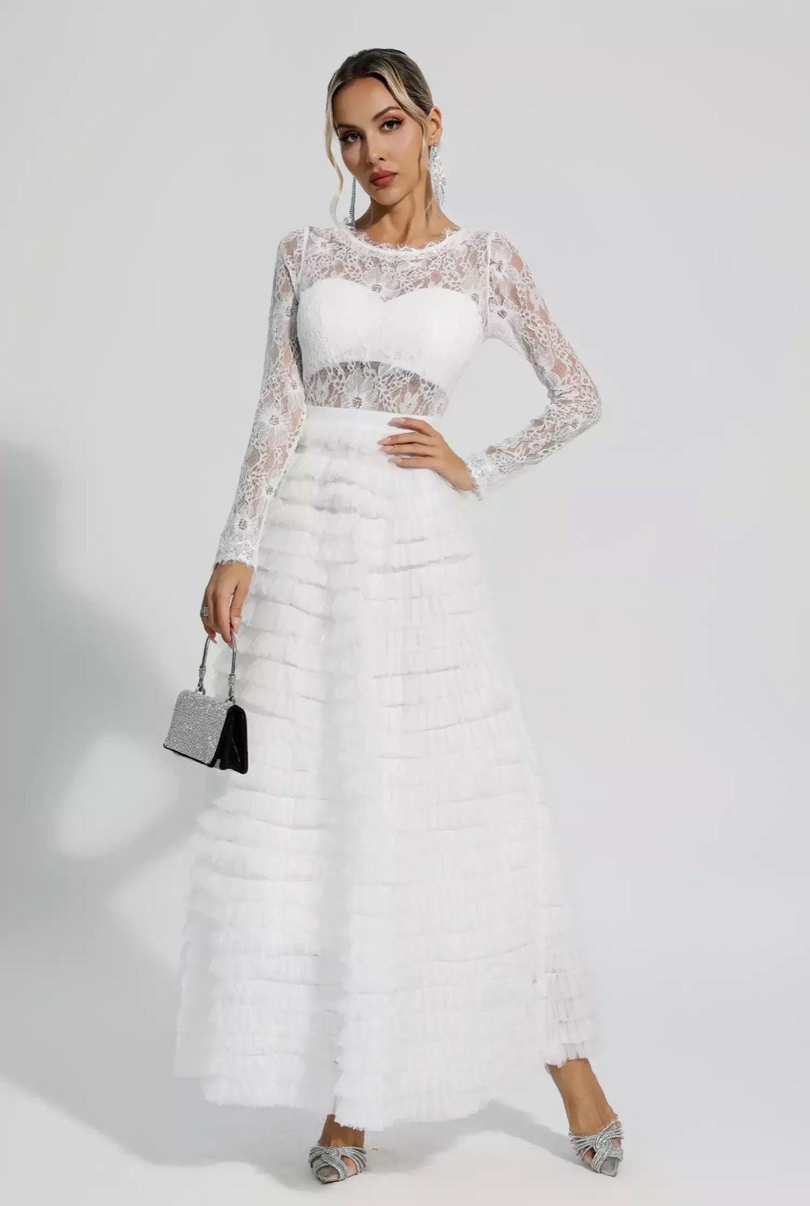 Lace white tulle maxi dress