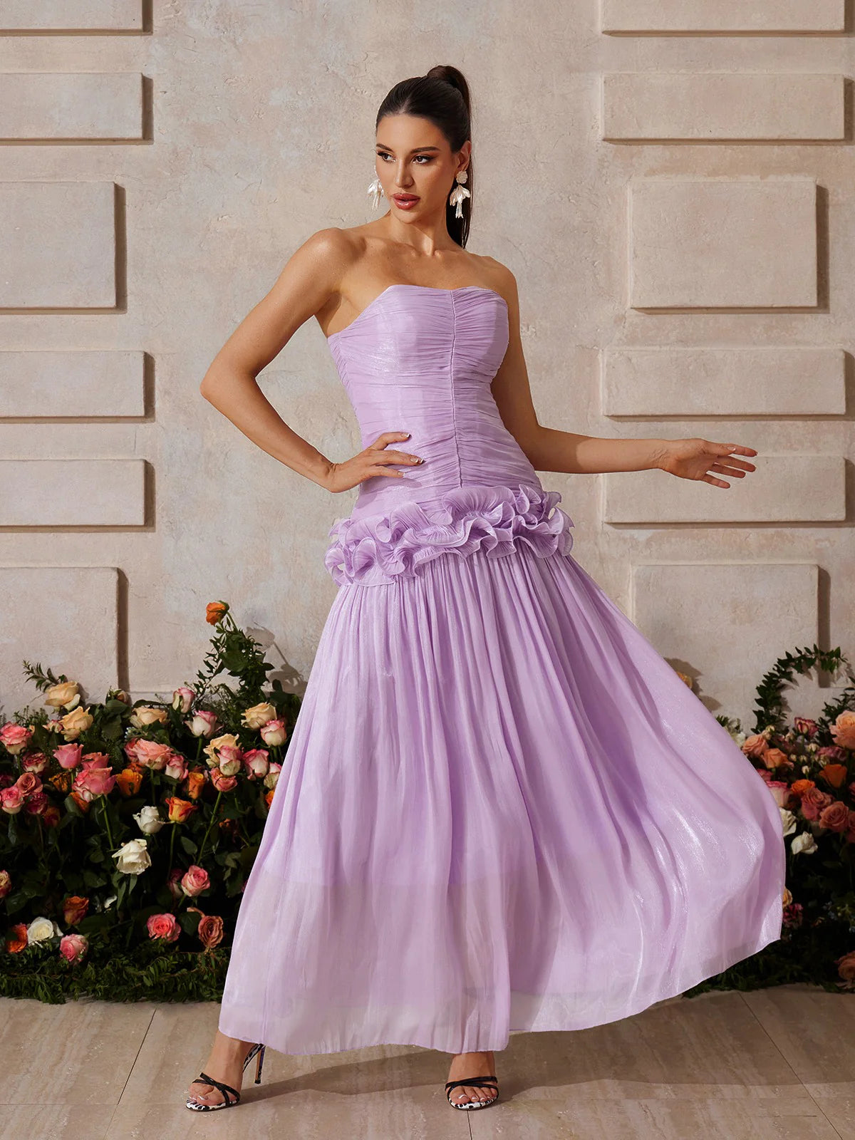 Lila Bloom Ruffle Strapless Gown