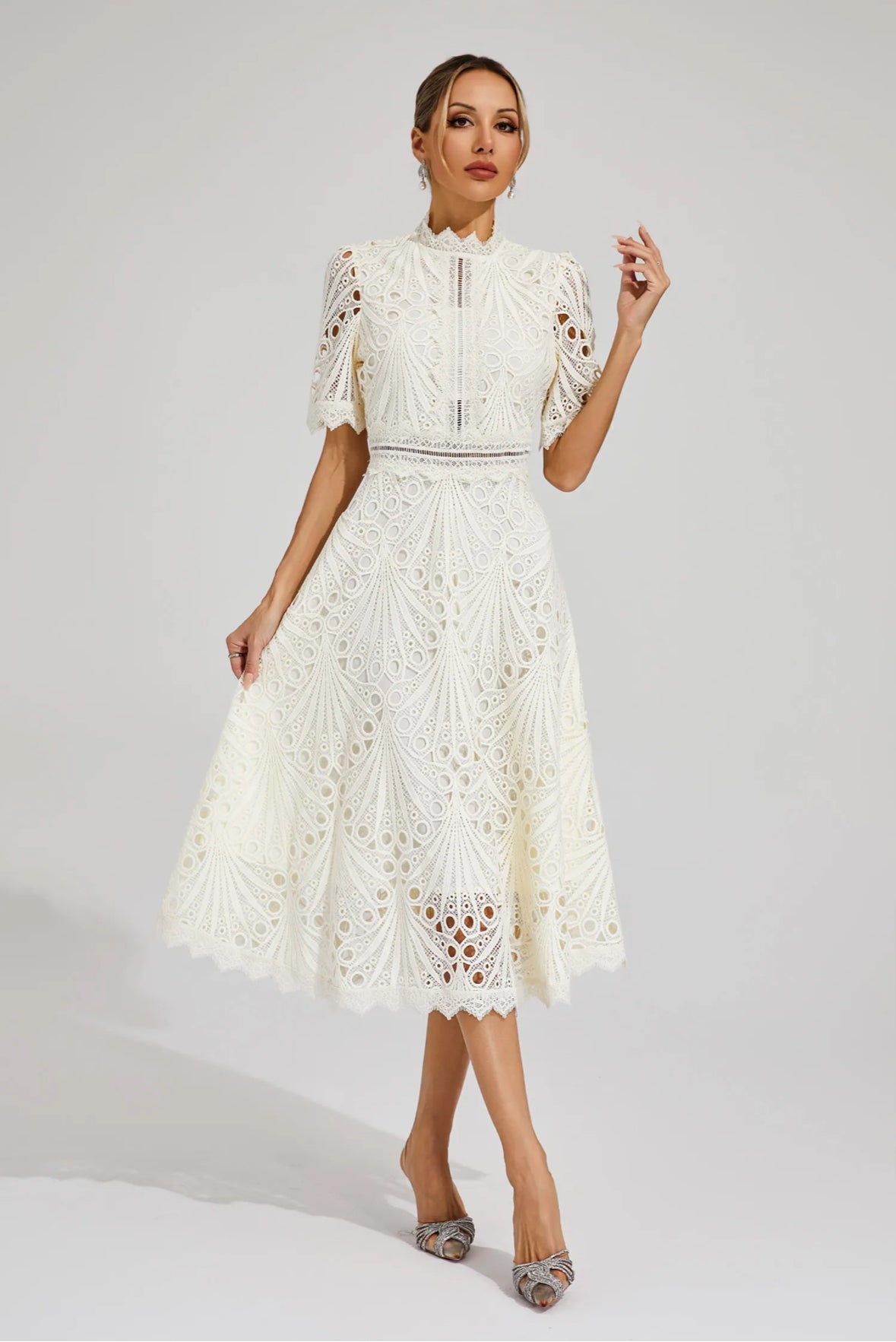Cutout lace white midi dress
