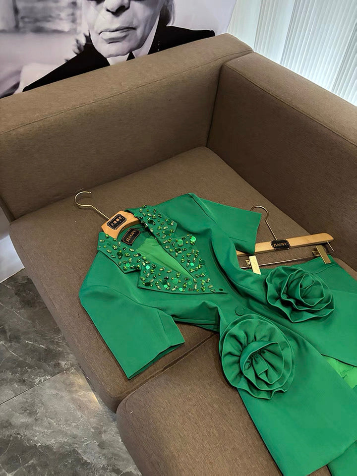 Camélia Flower Blazer Green Suit Set