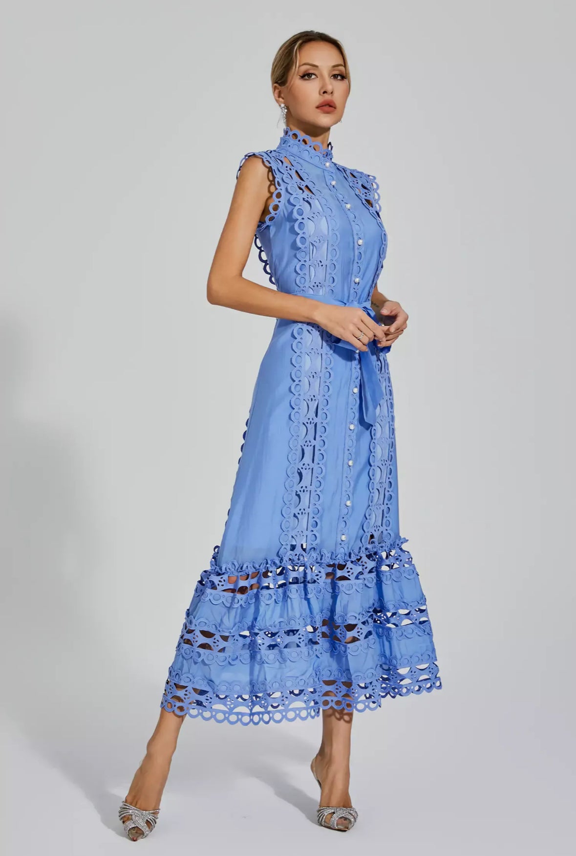 Blue hollow lace maxi dress