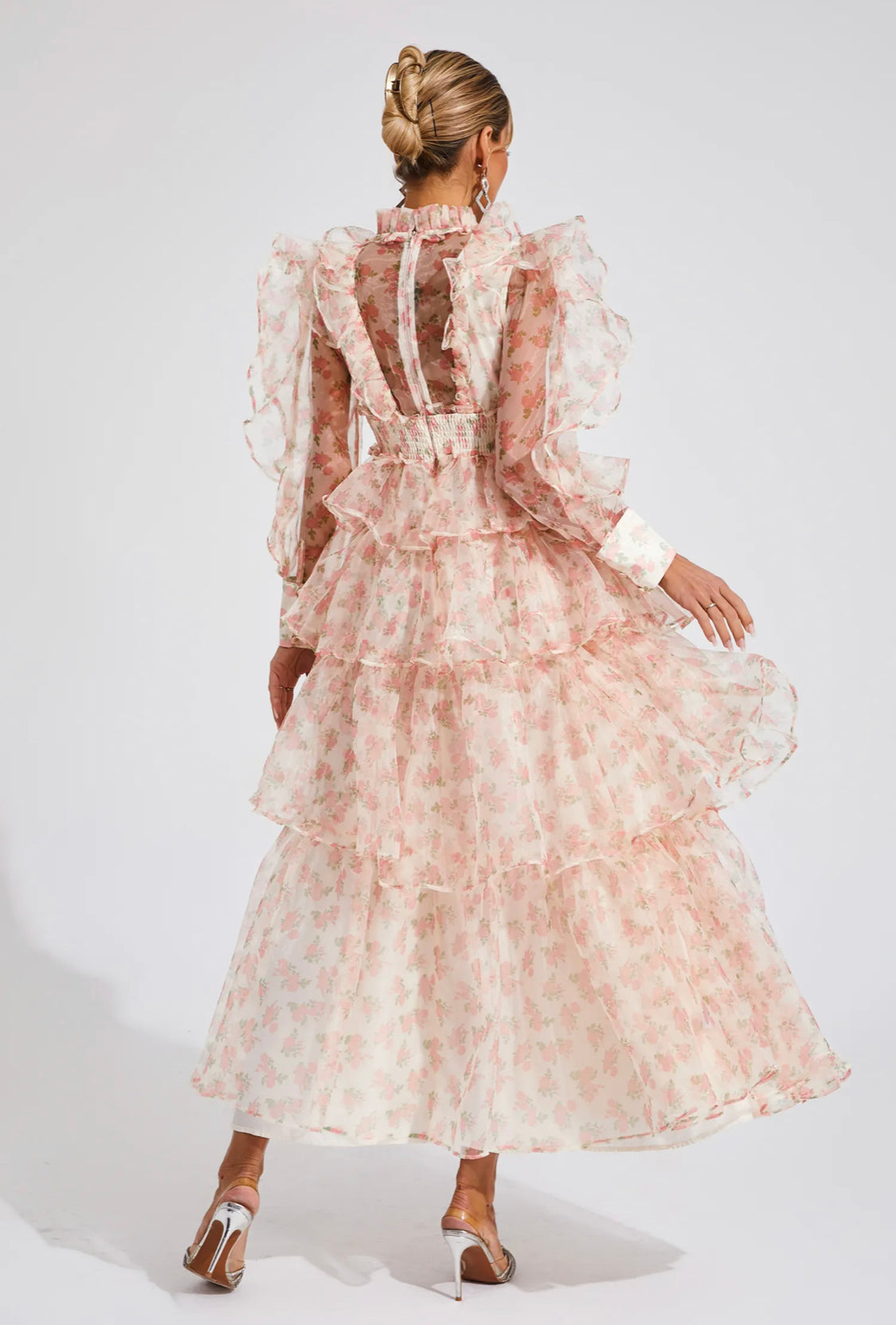 Floral mesh pink midi dress