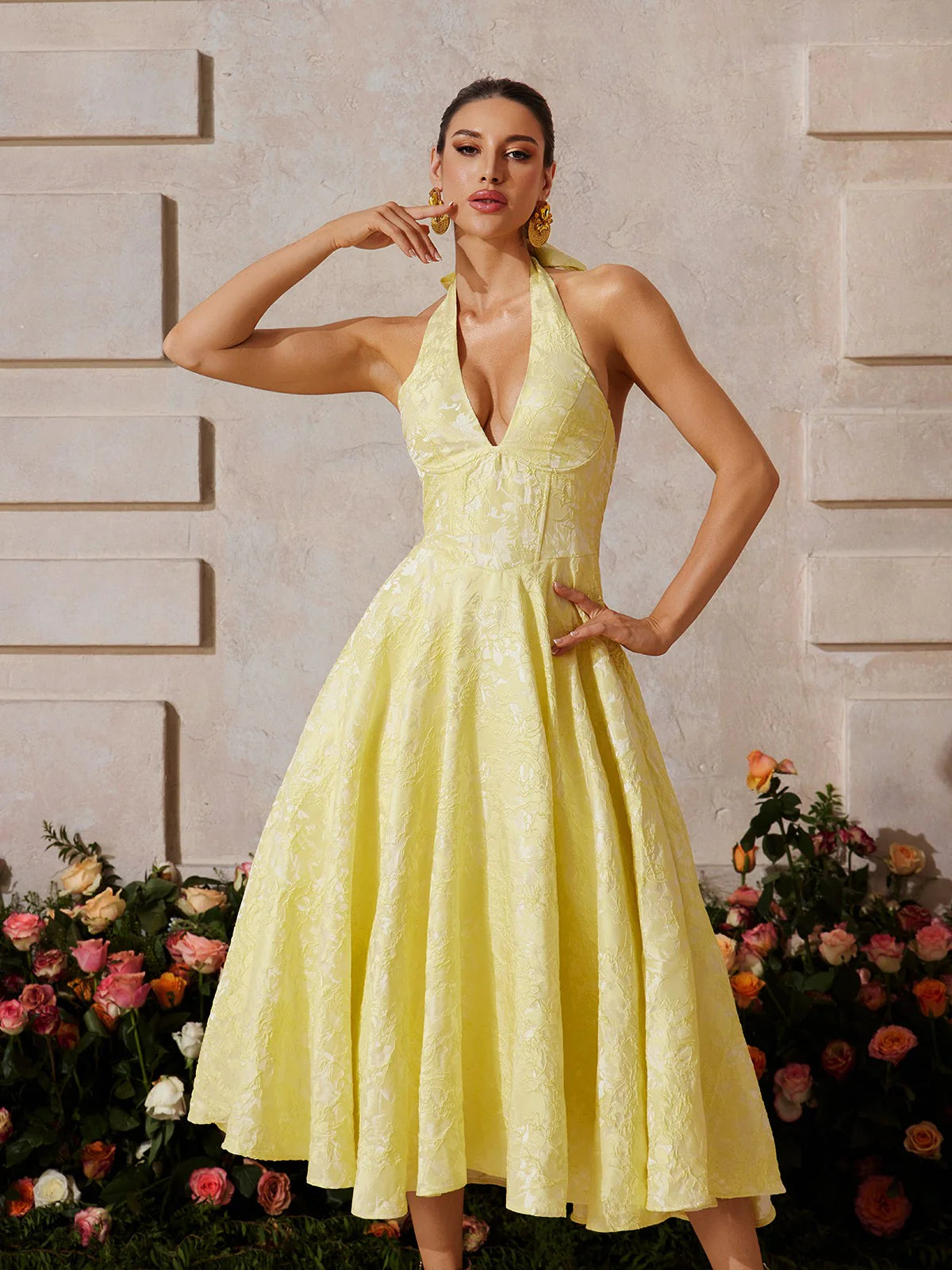 Rosalie Yellow Halter Midi Dress