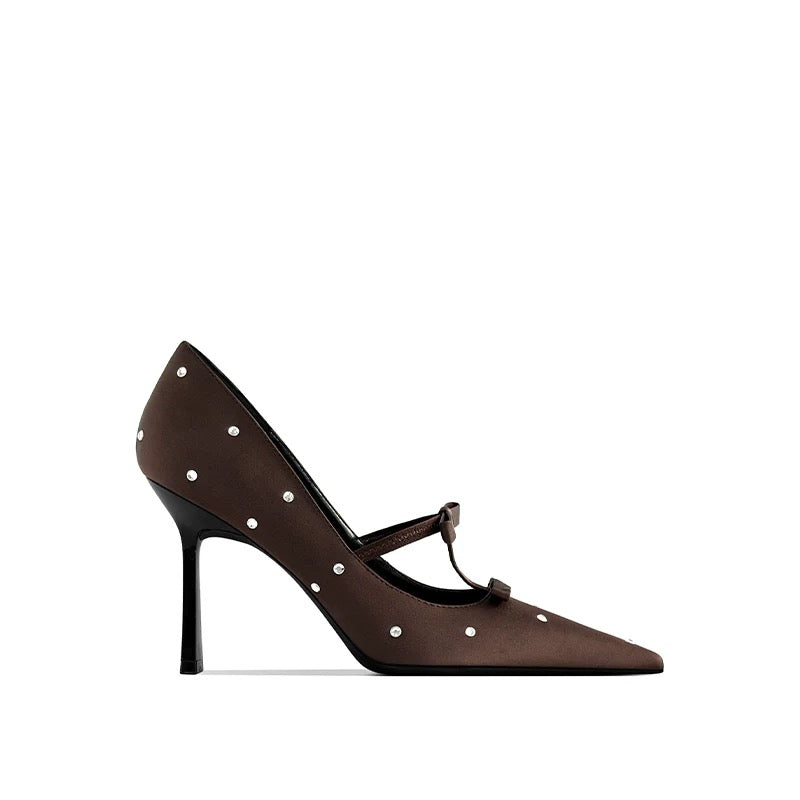Brown Dot Bow-Accent Stiletto Pump