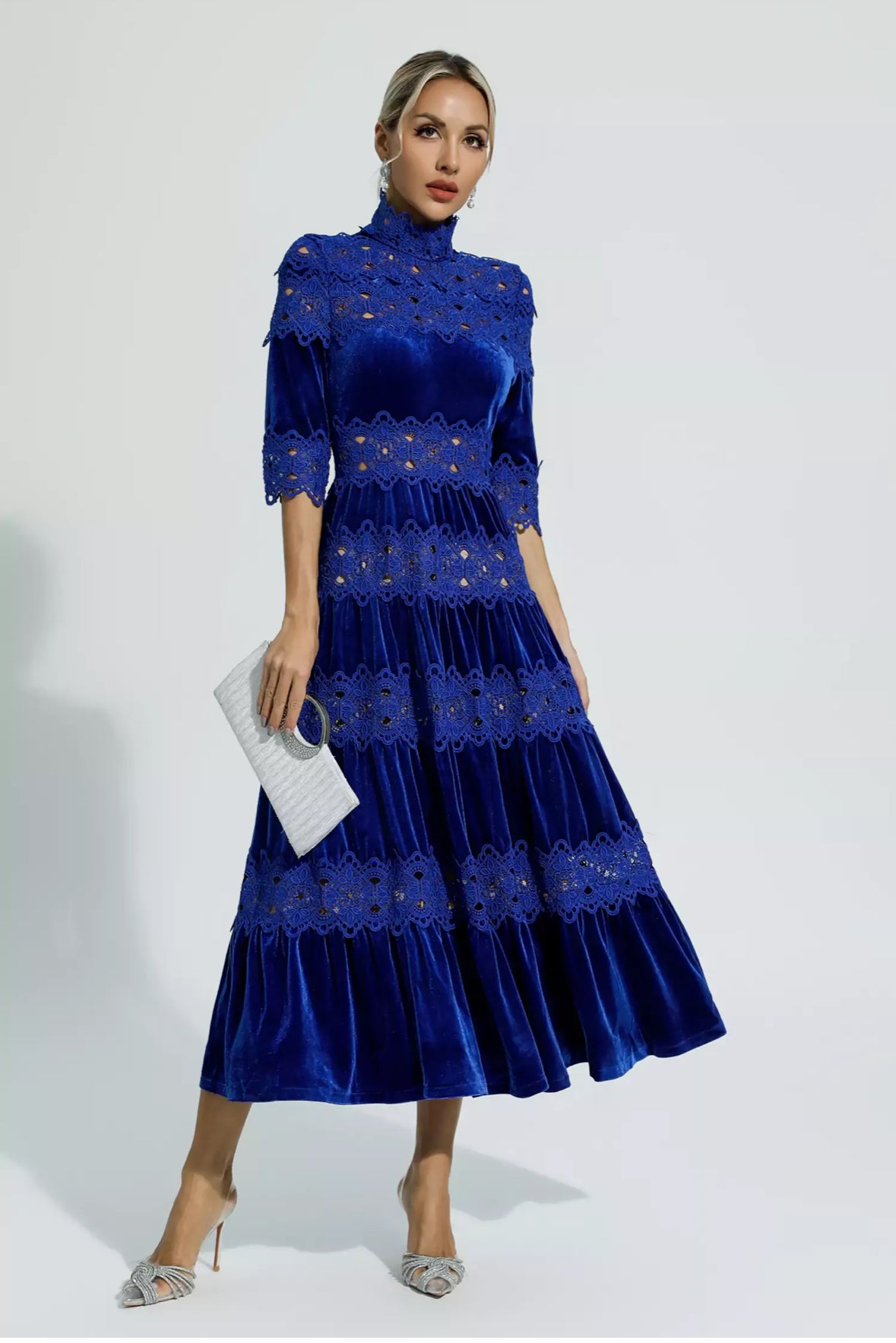 Blue velvet flare maxi dress