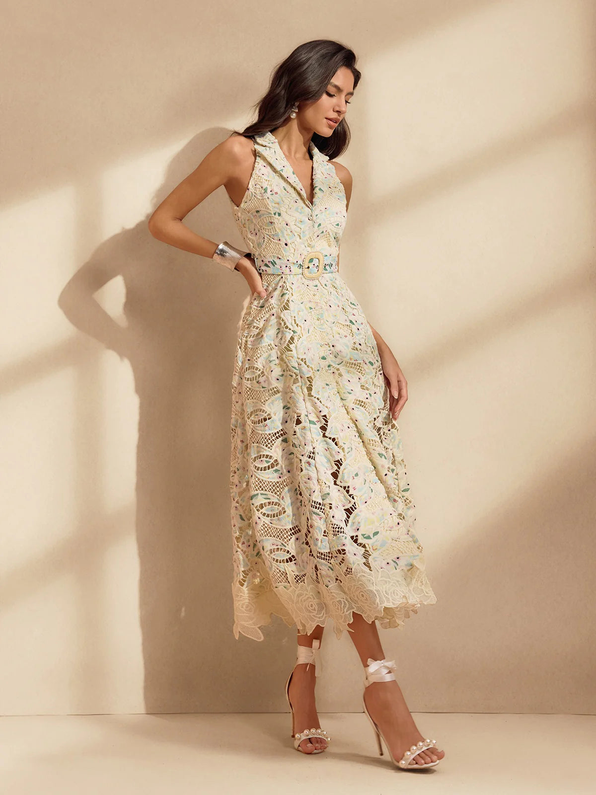 Pastel Bloom Lace Midi Dres