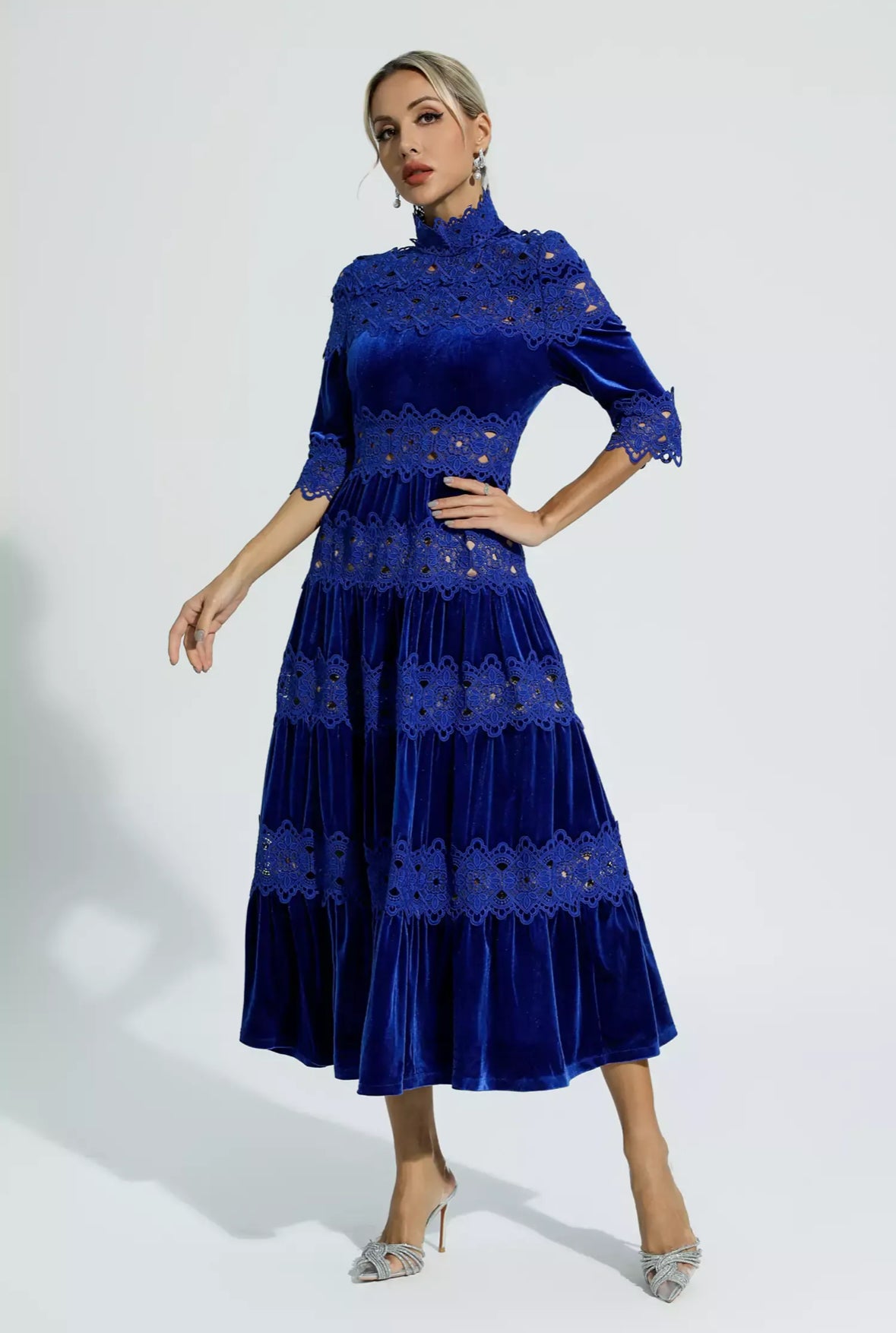 Blue velvet flare maxi dress