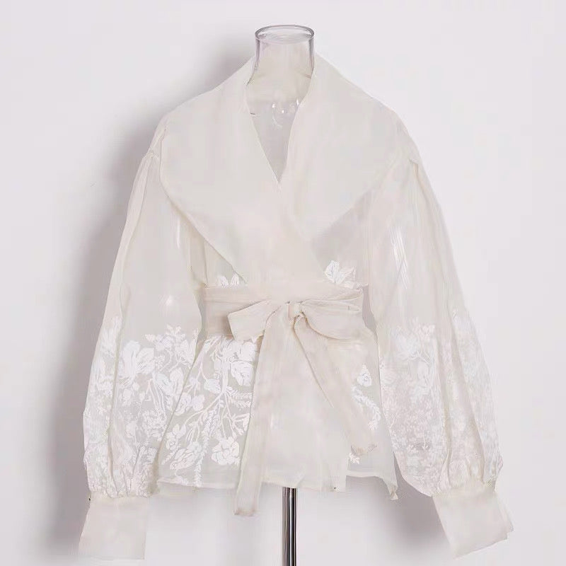 Semi Sheer Embroidered Wrap Blouse – Ivory