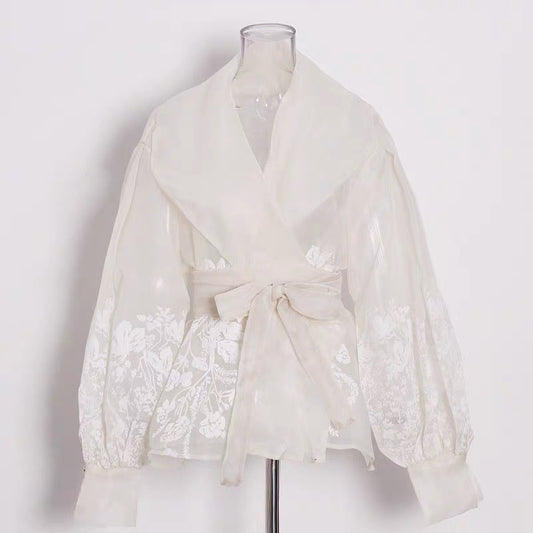 Semi Sheer Embroidered Wrap Blouse – Ivory
