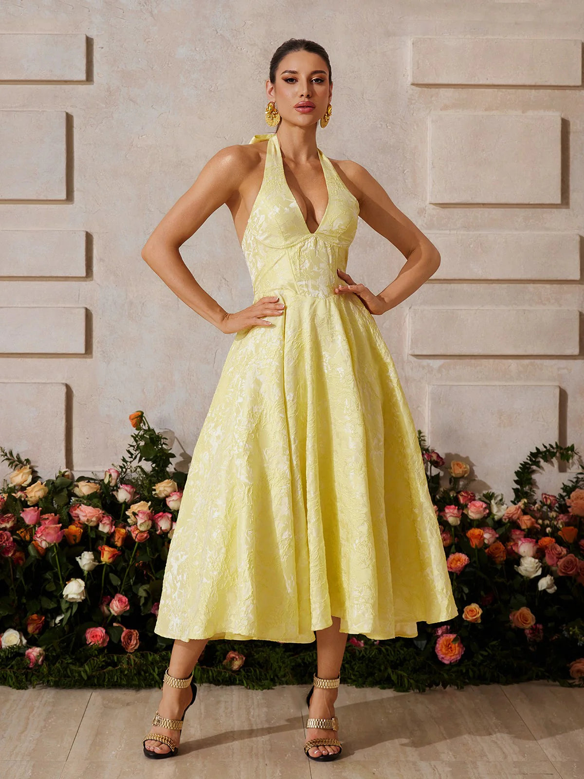 Rosalie Yellow Halter Midi Dress