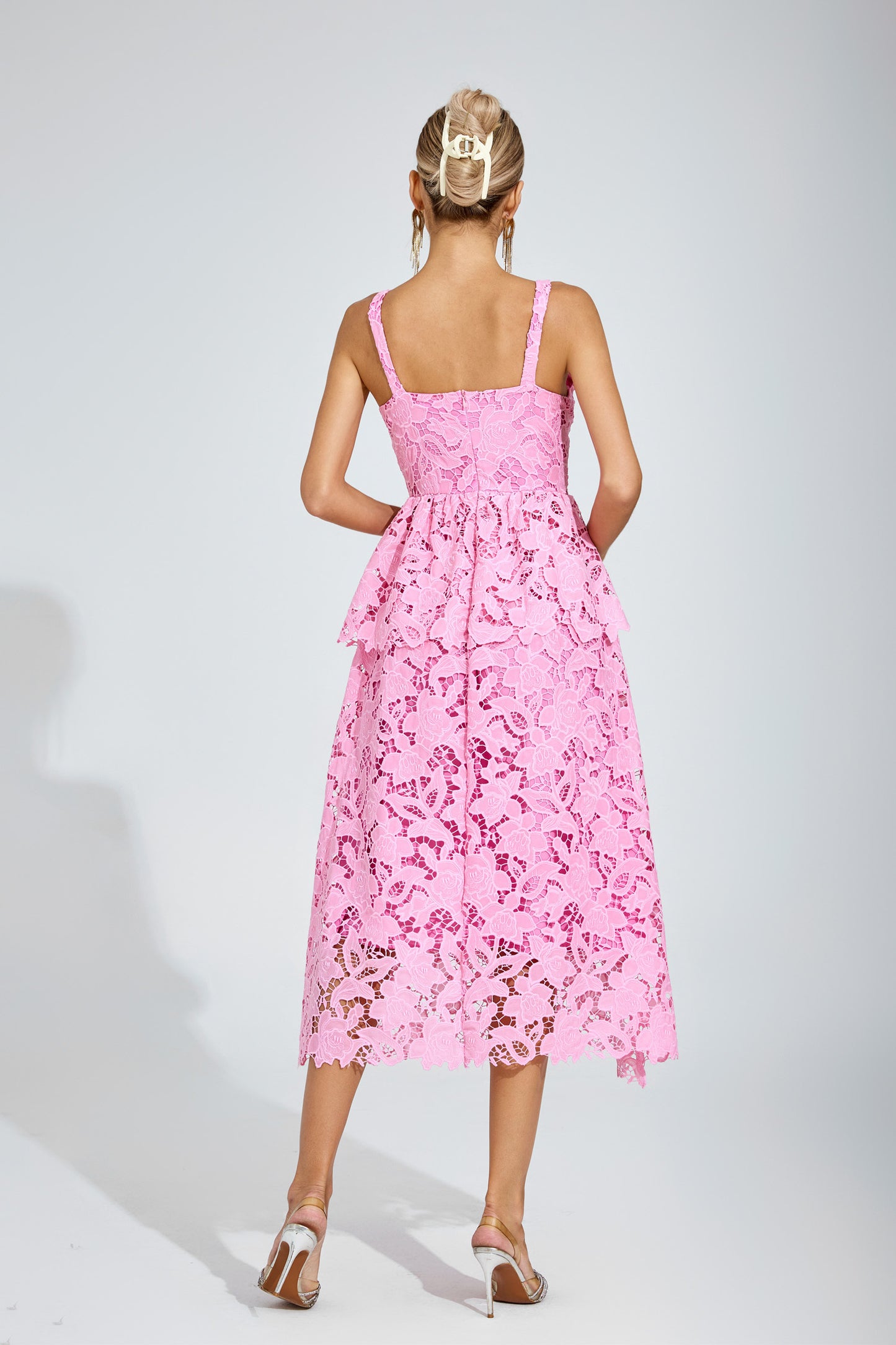 Amélie Pink Lace Peplum Midi Dress