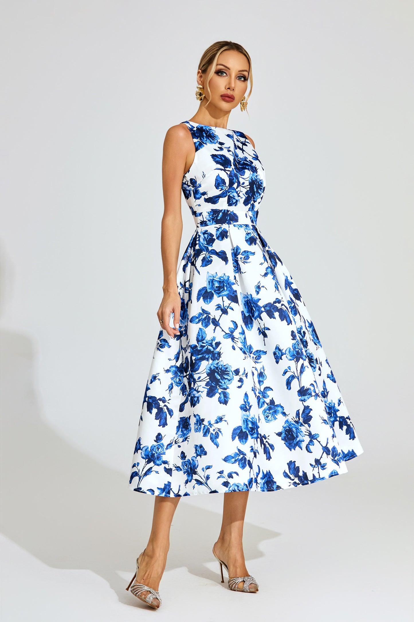 Azure Blossom A-Line Midi Dress