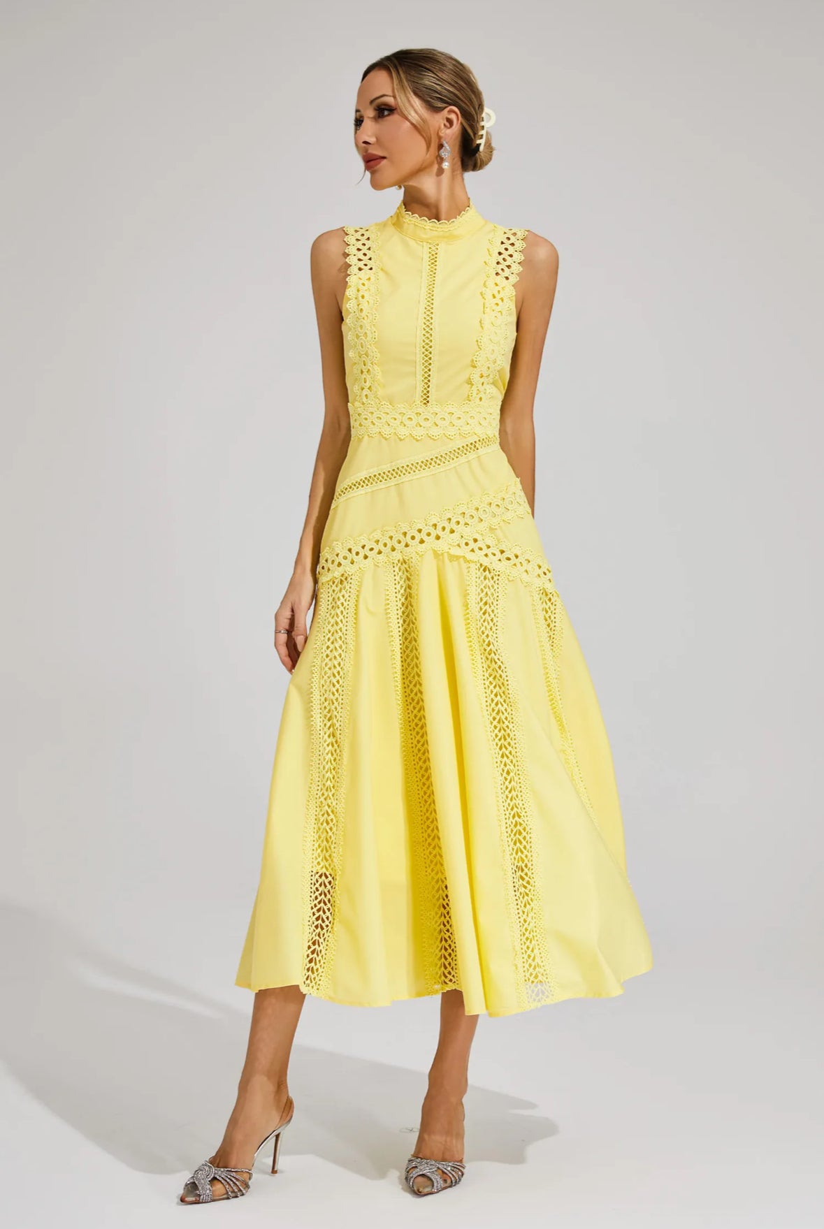Yellow lace sleeveless midi dress