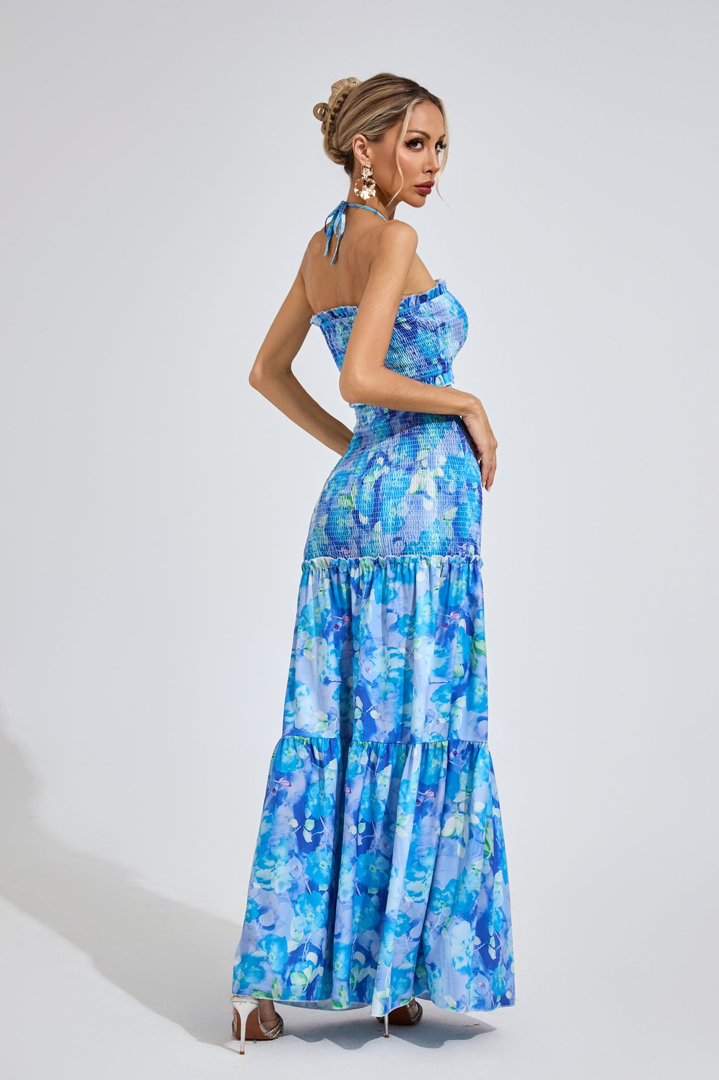 Azure Bloom Smocked Maxi Dress