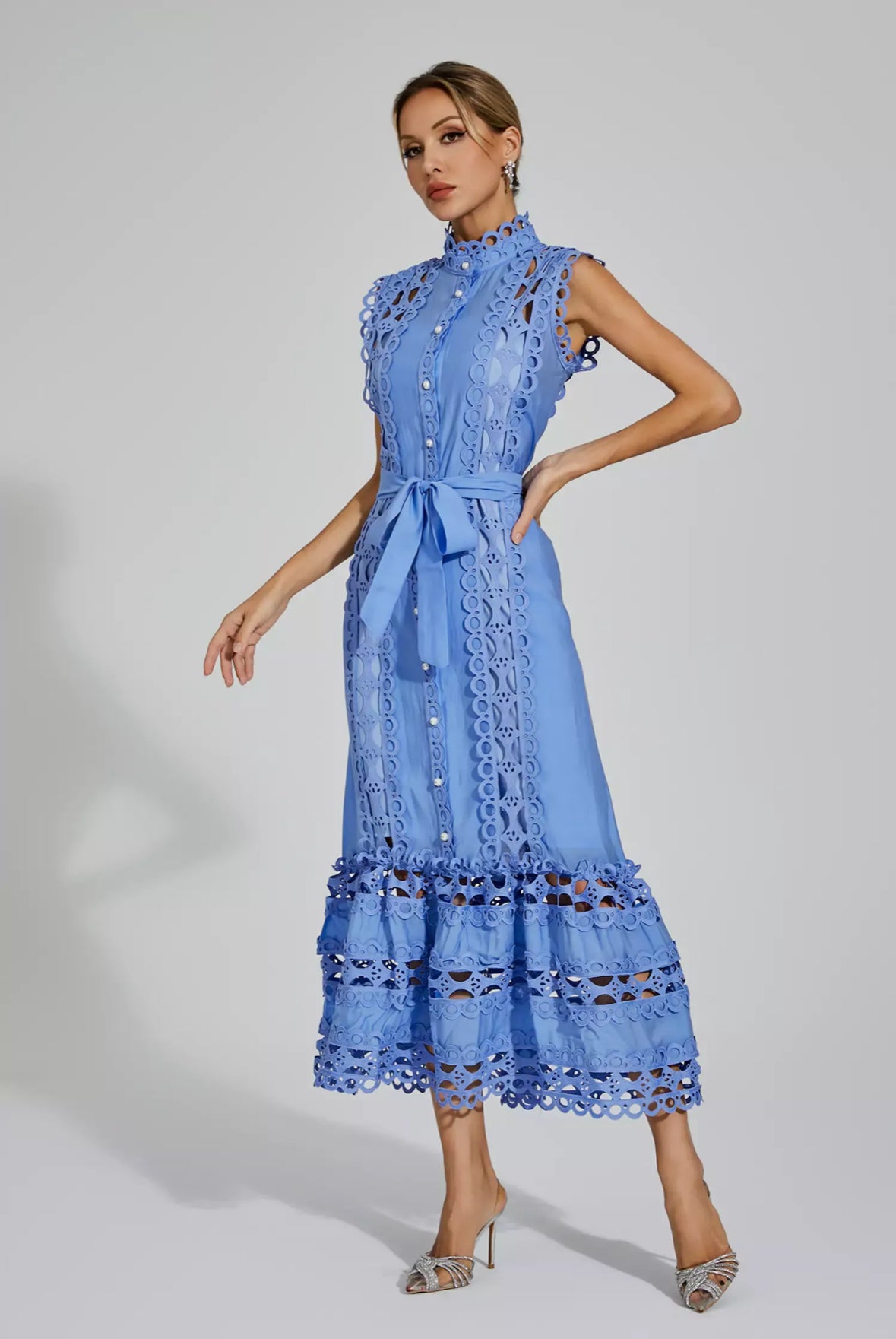 Blue hollow lace maxi dress