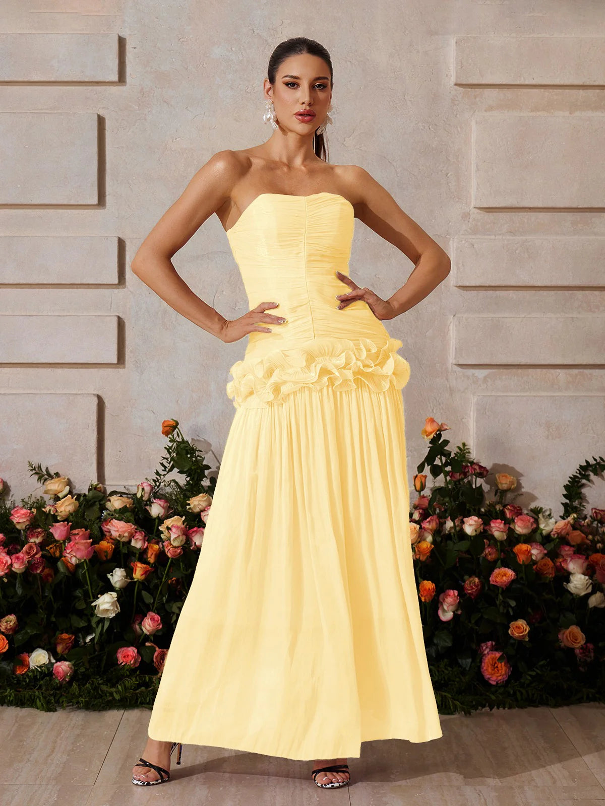 Lila Bloom Ruffle Strapless Gown
