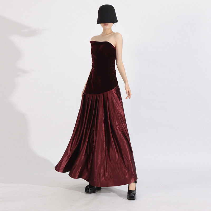 Red velvet satin maxi dress