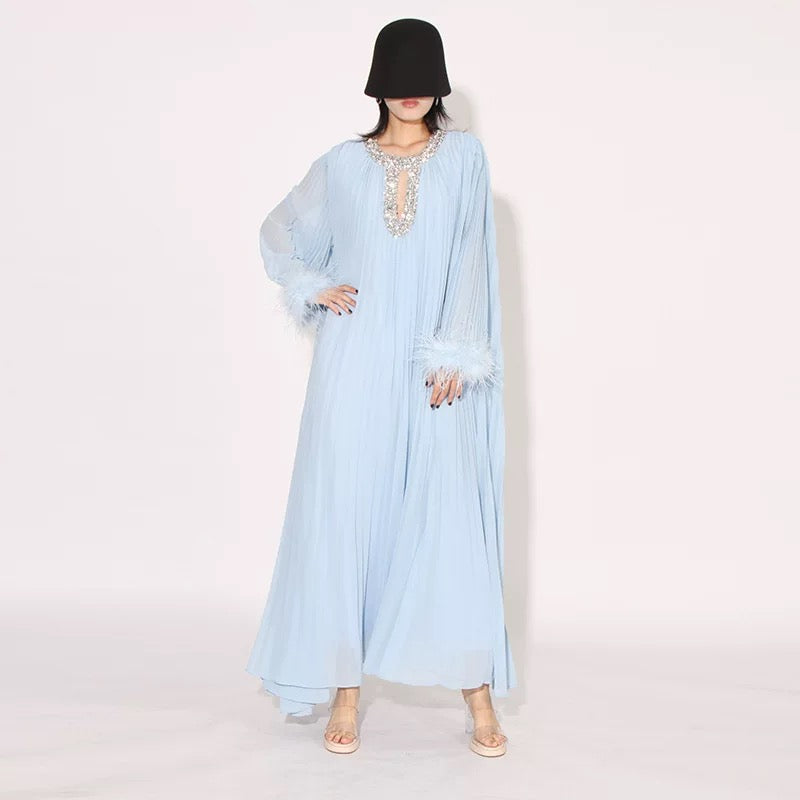 Crystal & feathers embellished blue maxi dress