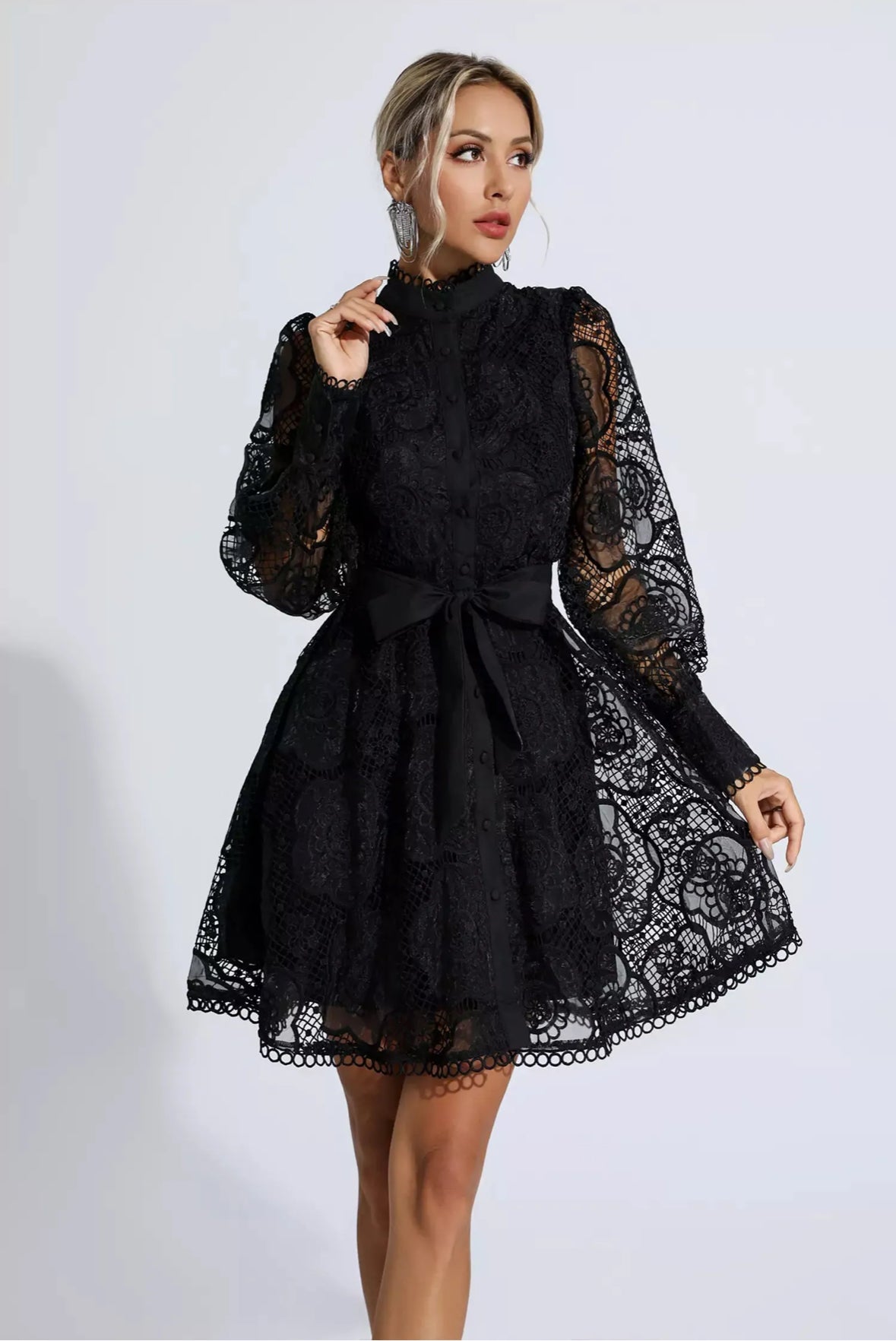 Floral lace tied black  mini dress