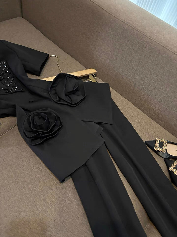 Camélia Flower Blazer Black Suit Set