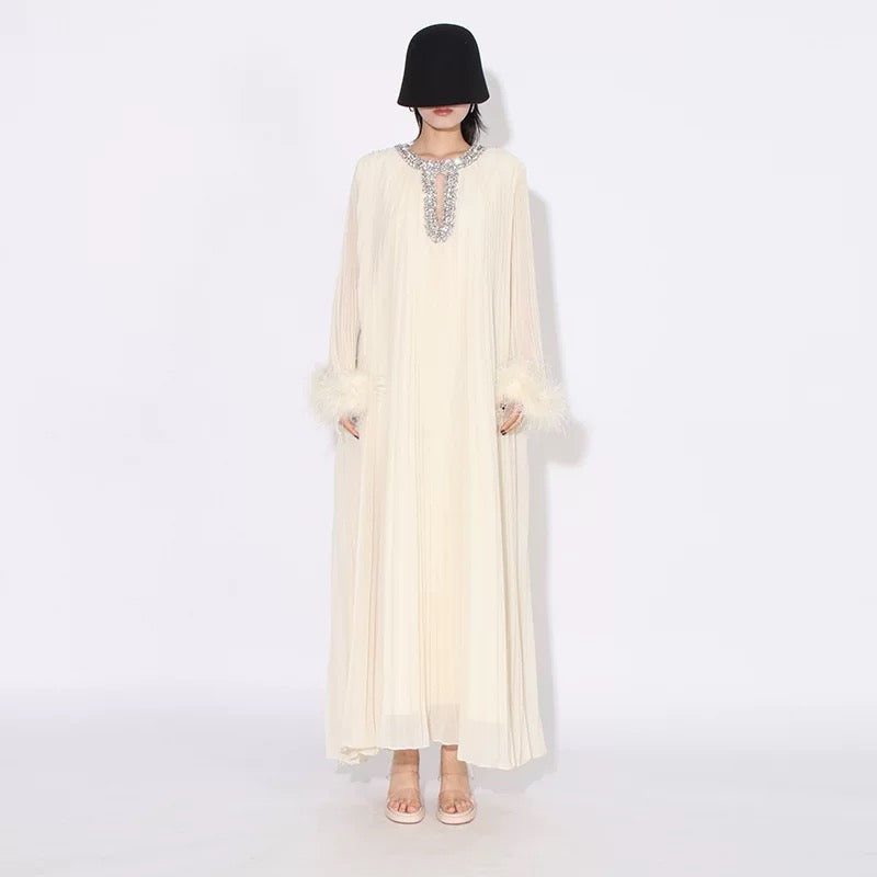 Crystal & feathers embellished maxi dress