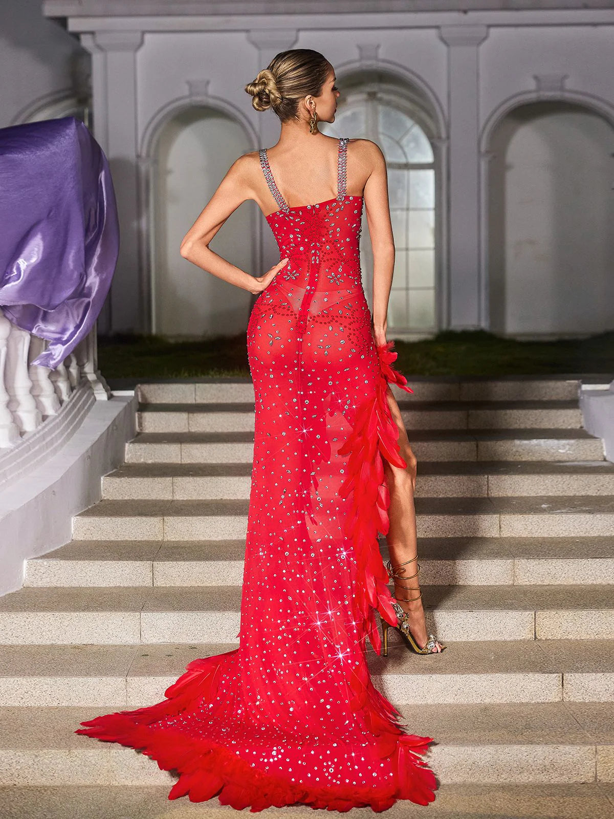 Crimson Halo Rhinestone Feather Gown