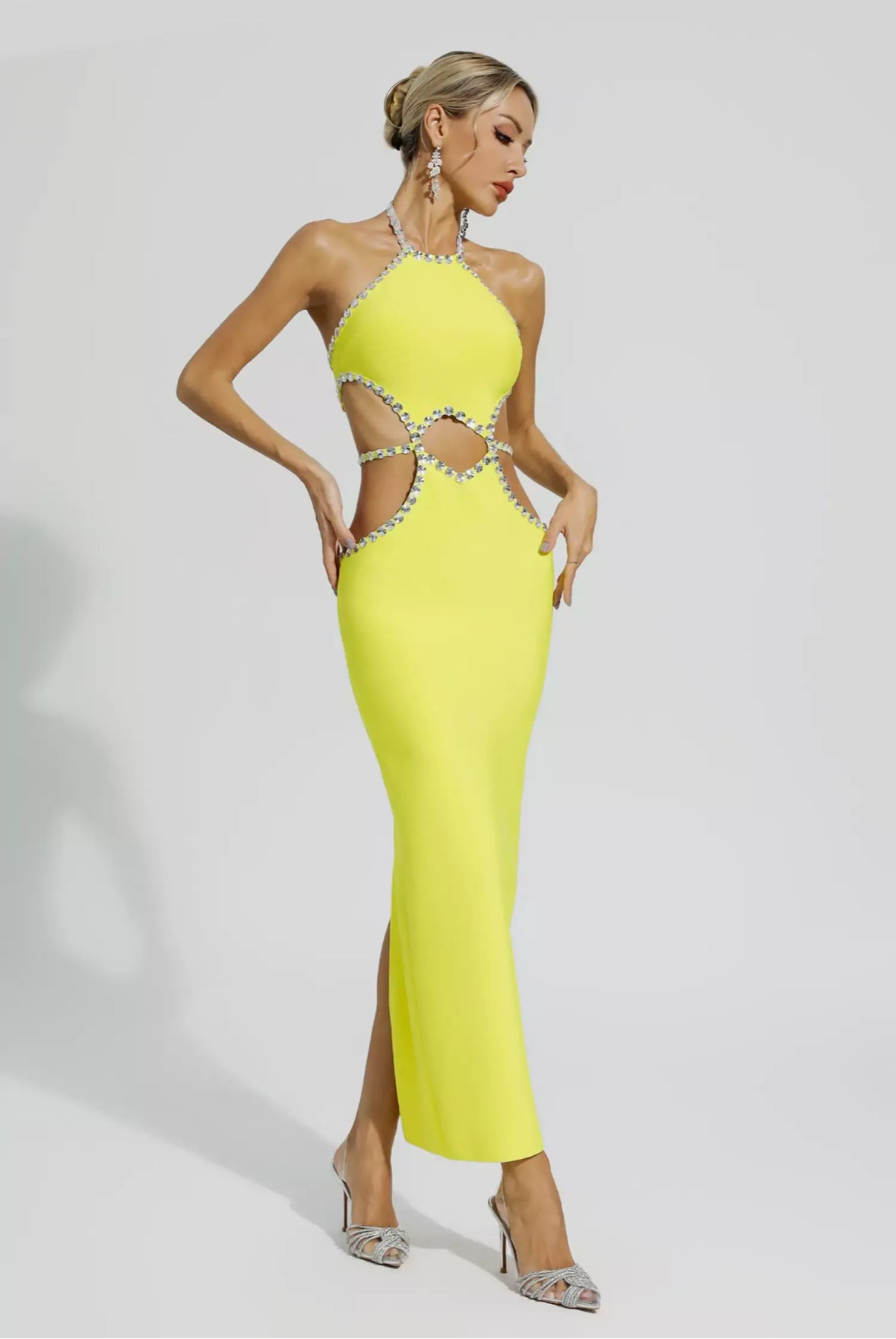 Yellow cutout rhinestone  maxi dress