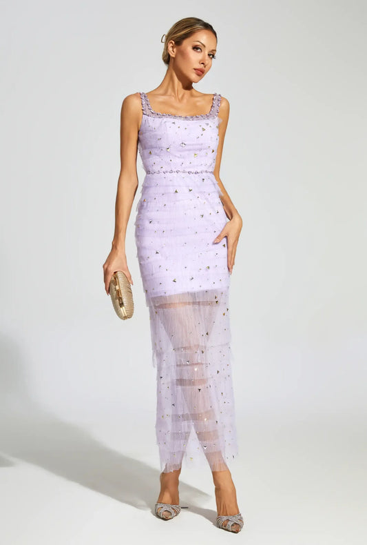 Purple mesh crystal midi dress size S