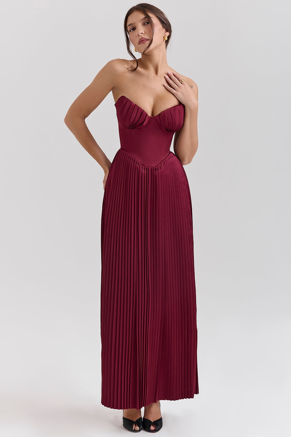 Céleste Pleated Bustier Gown - Burgundy