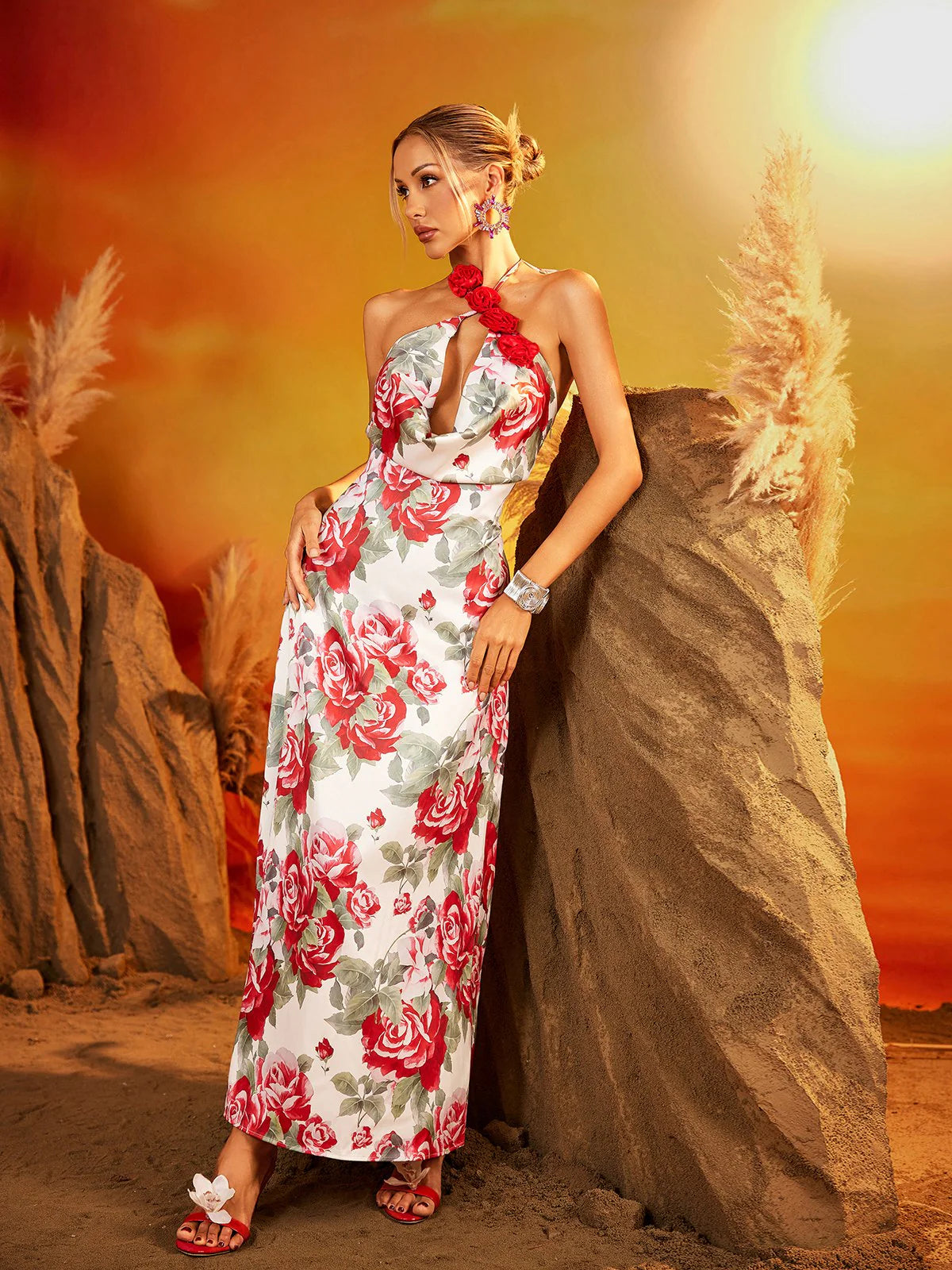 Rosa Flower Halter Maxi Dress