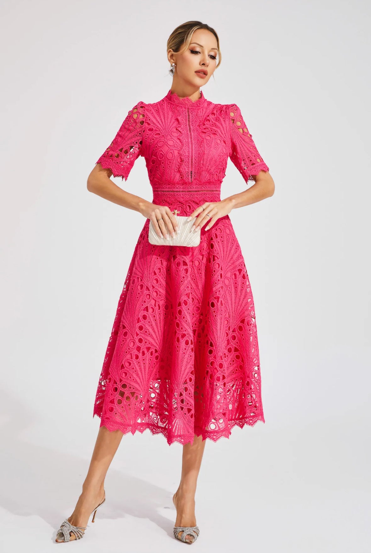Cutout lace pink midi dress