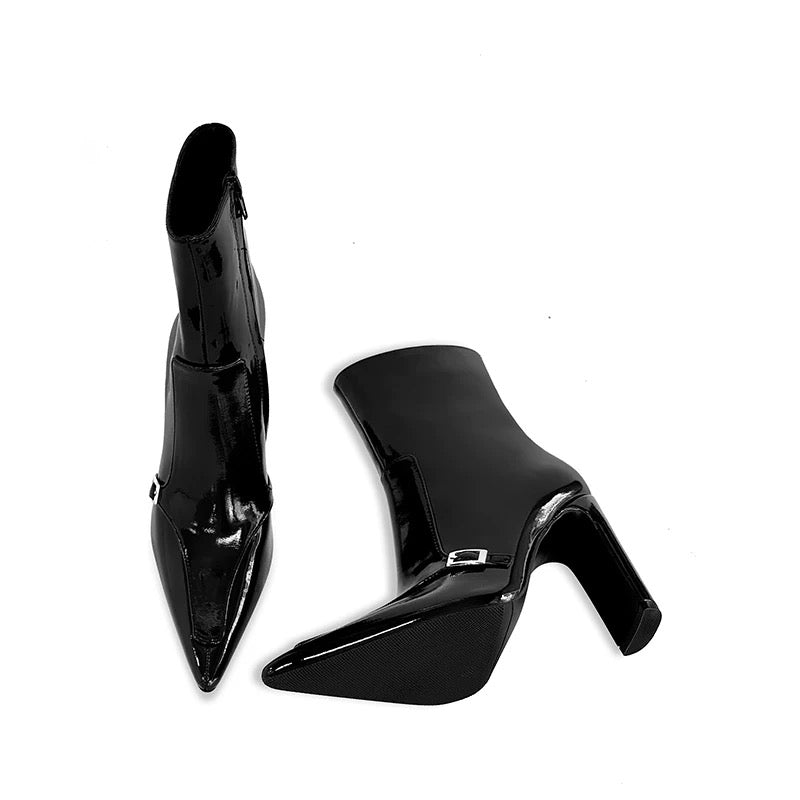 Vega Patent Buckle Boots – Glossy Block Heel