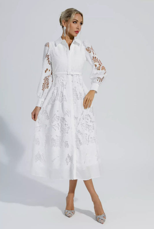 White belted lace midi dress