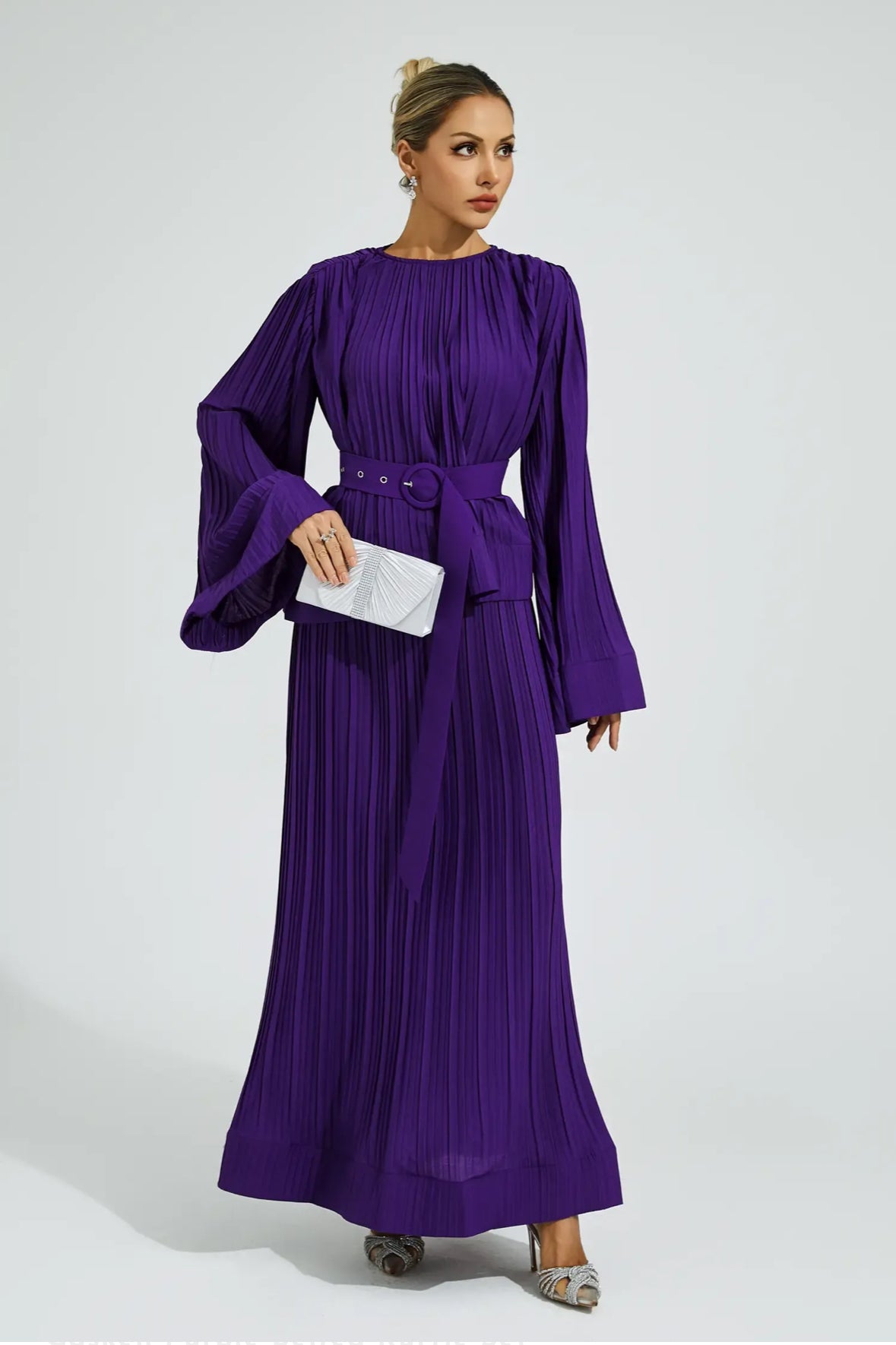 Purple belted flare skirt & top set