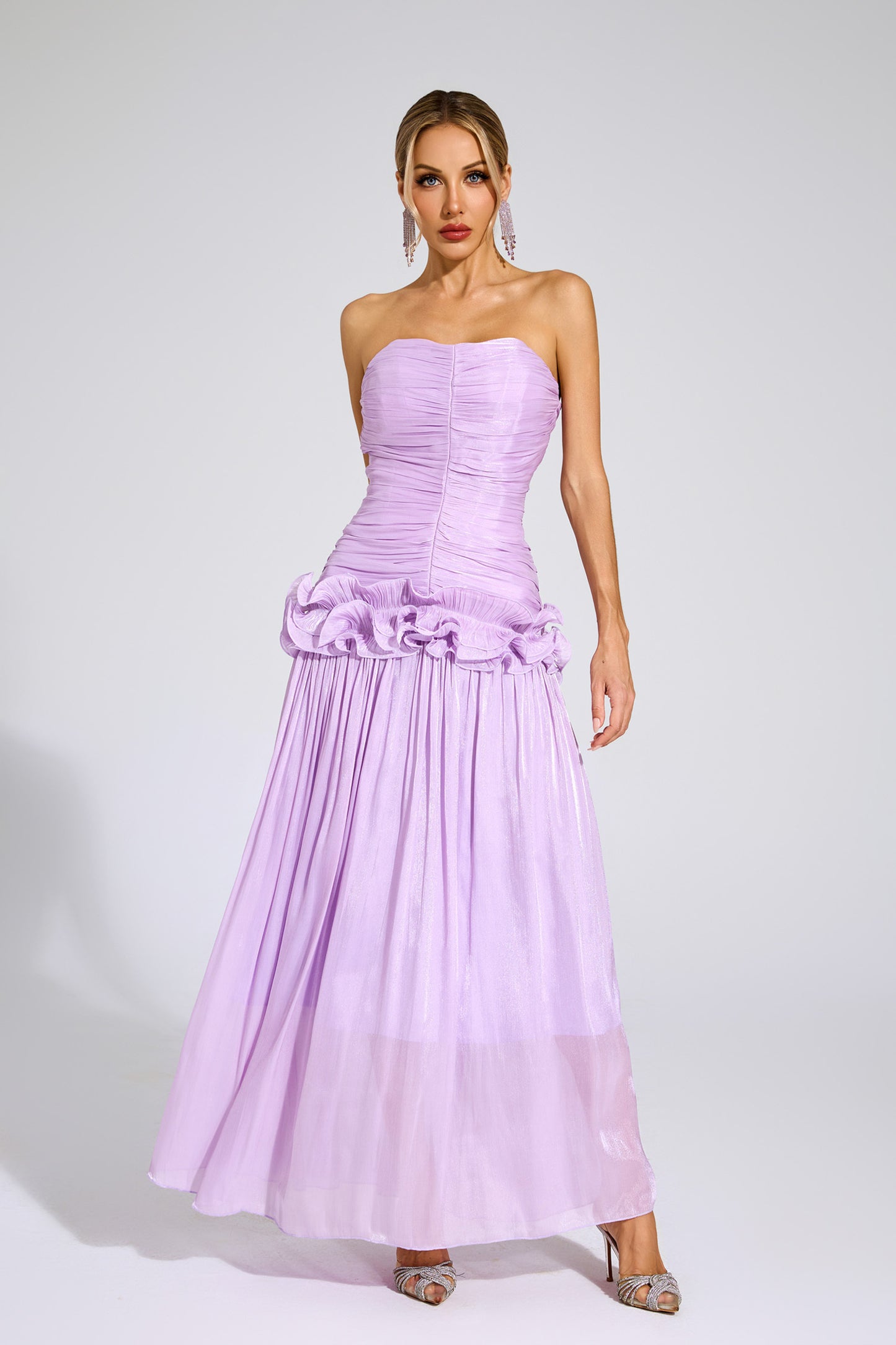 Lila Bloom Ruffle Strapless Gown