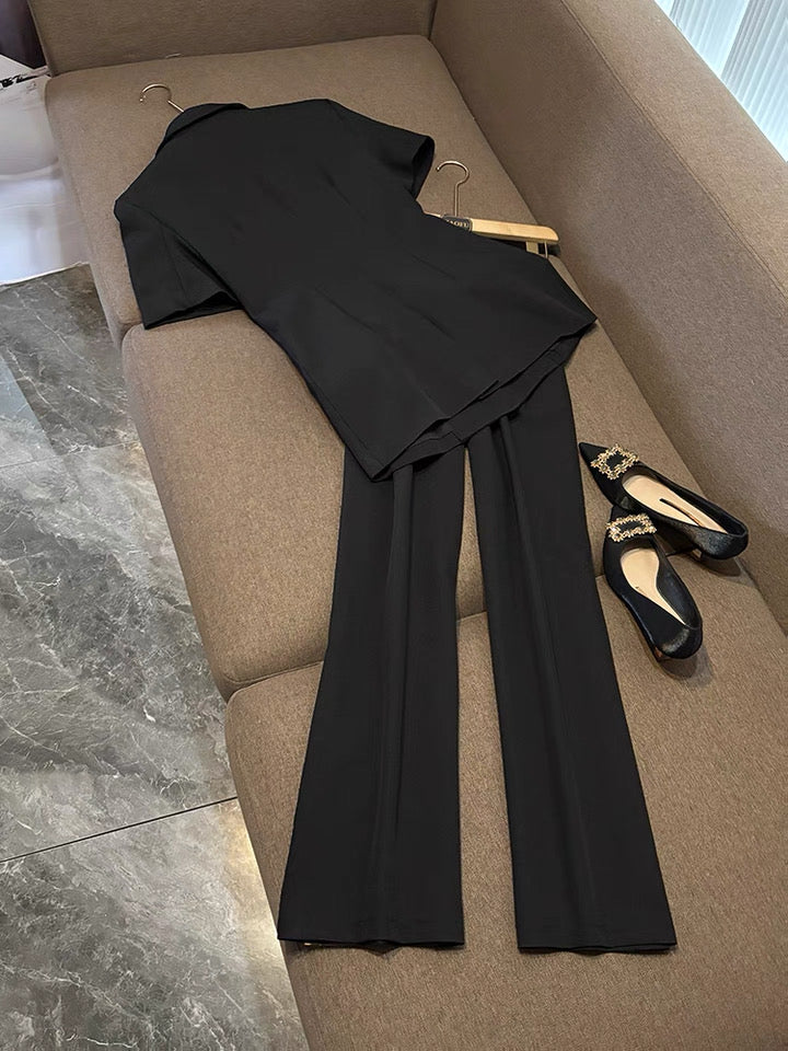 Camélia Flower Blazer Black Suit Set