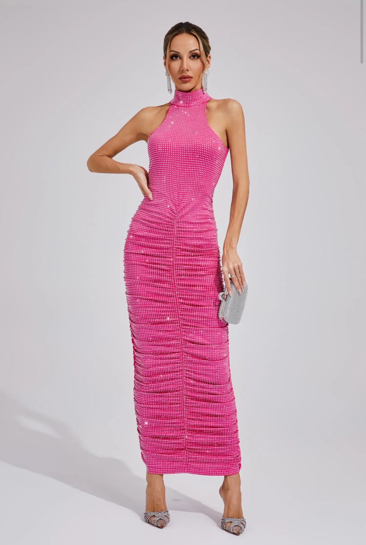 Kaia Rhinestone Ruched Maxi Dress