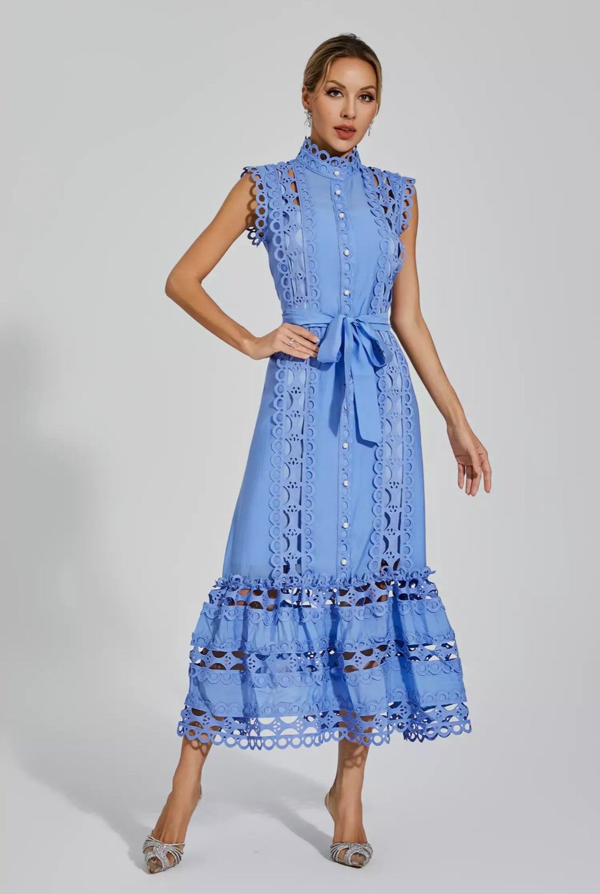Blue hollow lace maxi dress