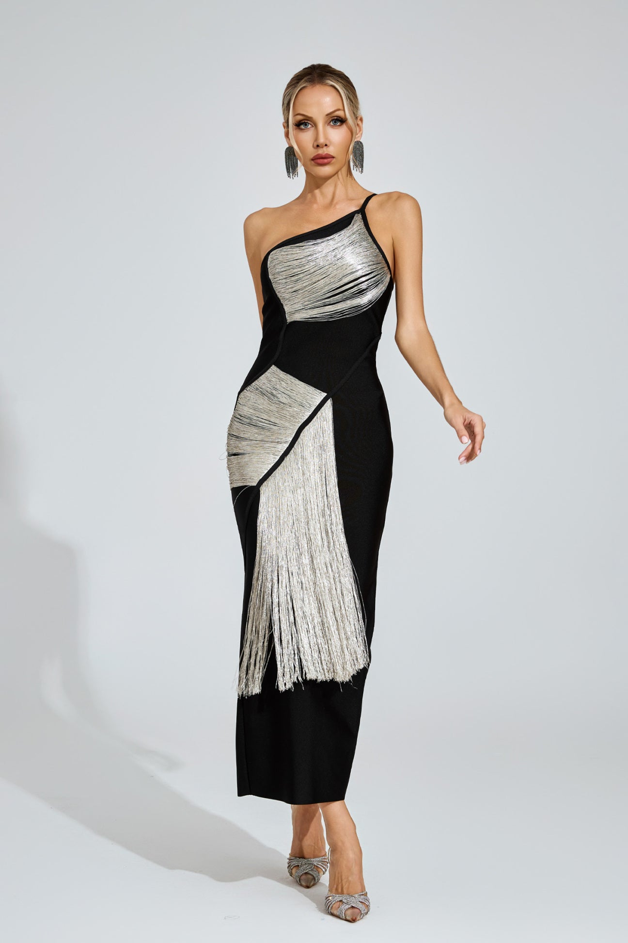 Noir Silver Fringe One-Shoulder Dress