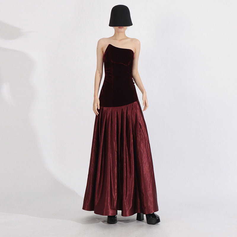 Red velvet satin maxi dress