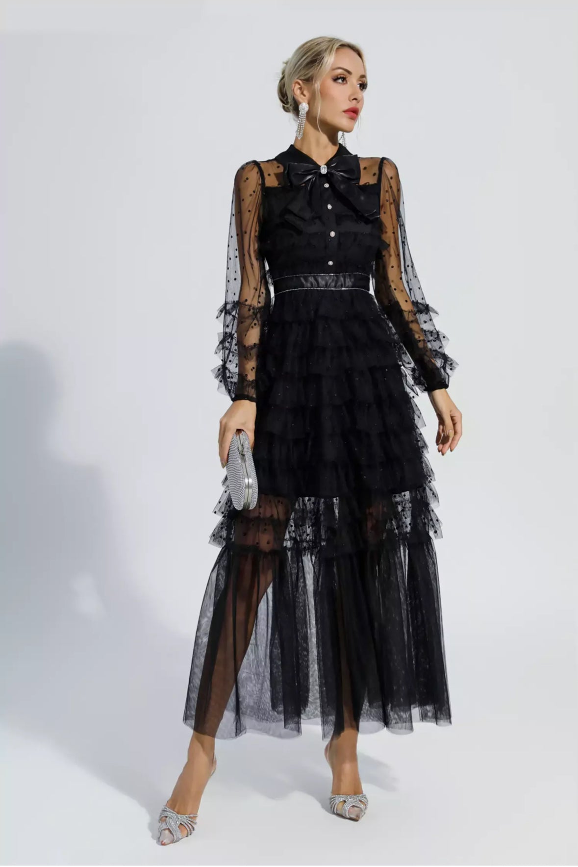 Black polka dot mesh maxi dress size S