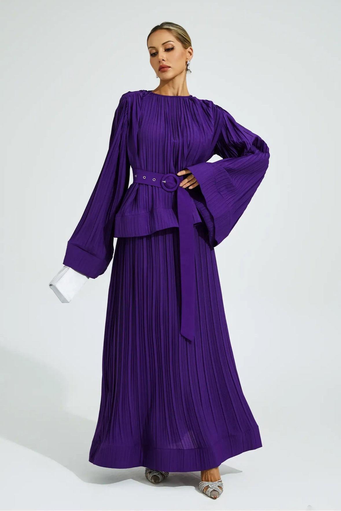 Purple belted flare skirt & top set