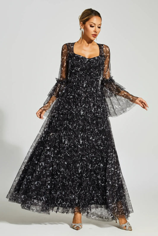 Black floral mesh maxi dress