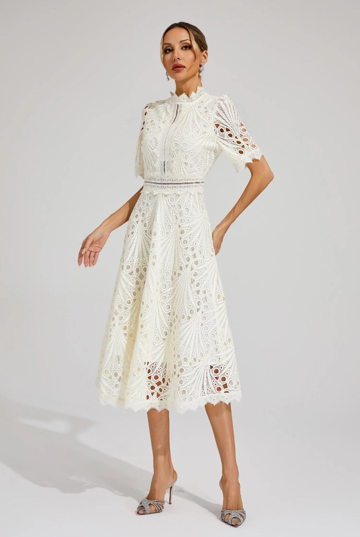 Cutout lace white midi dress