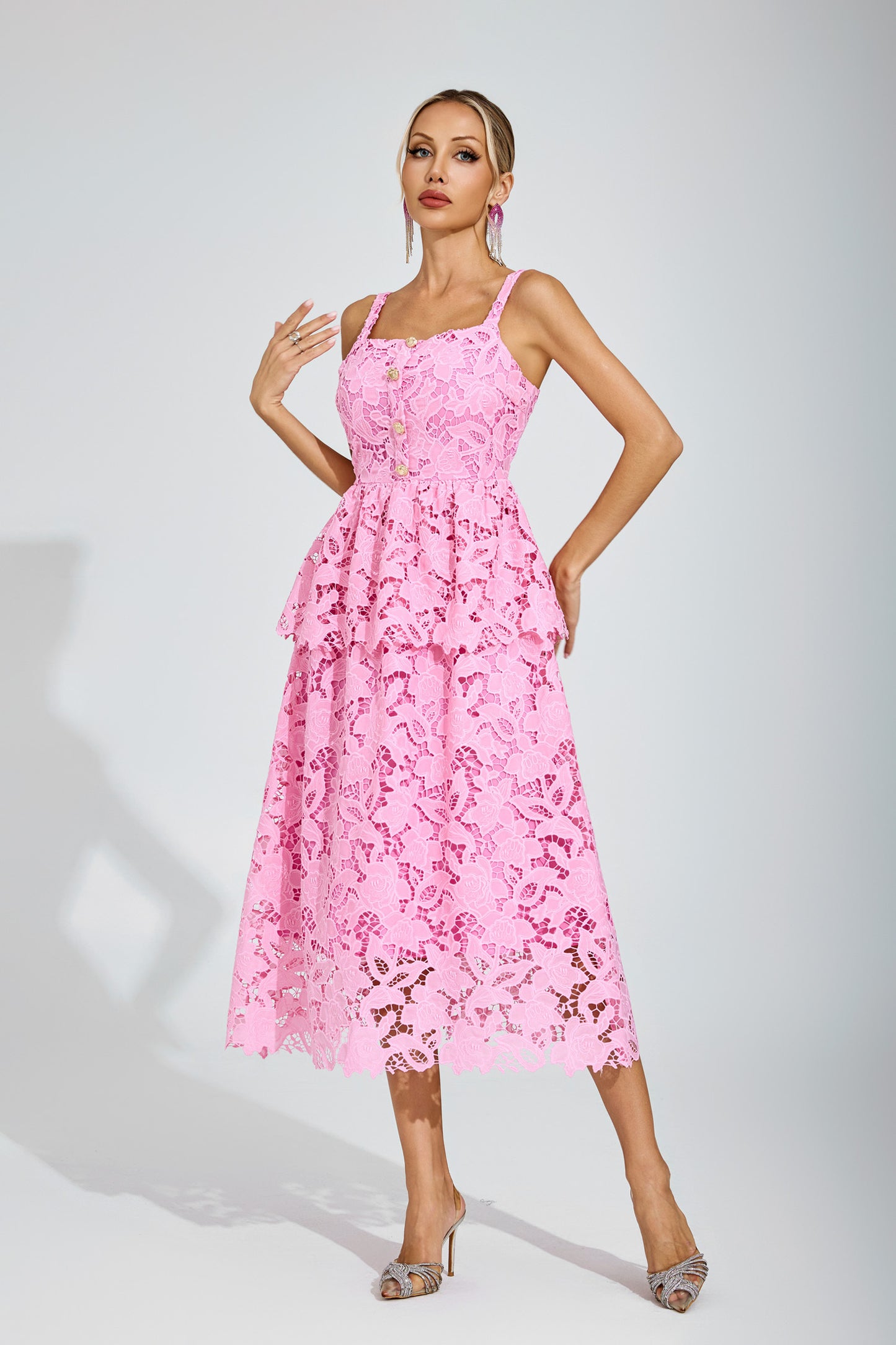 Amélie Pink Lace Peplum Midi Dress