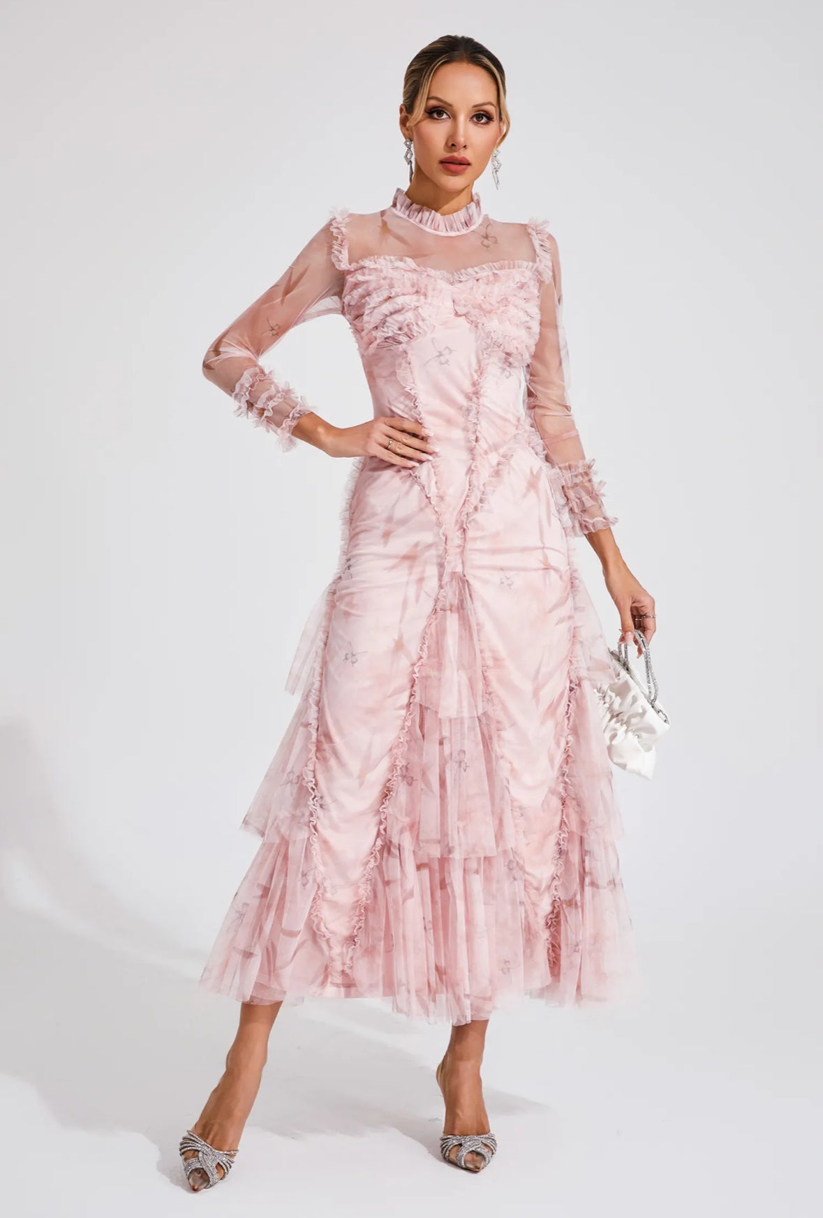 Pink mesh ruched maxi dress